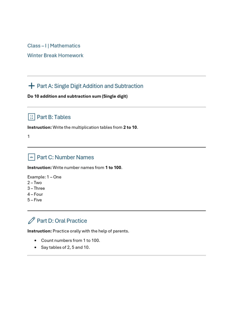 Class 1 Maths Winter Break Homework | PDF