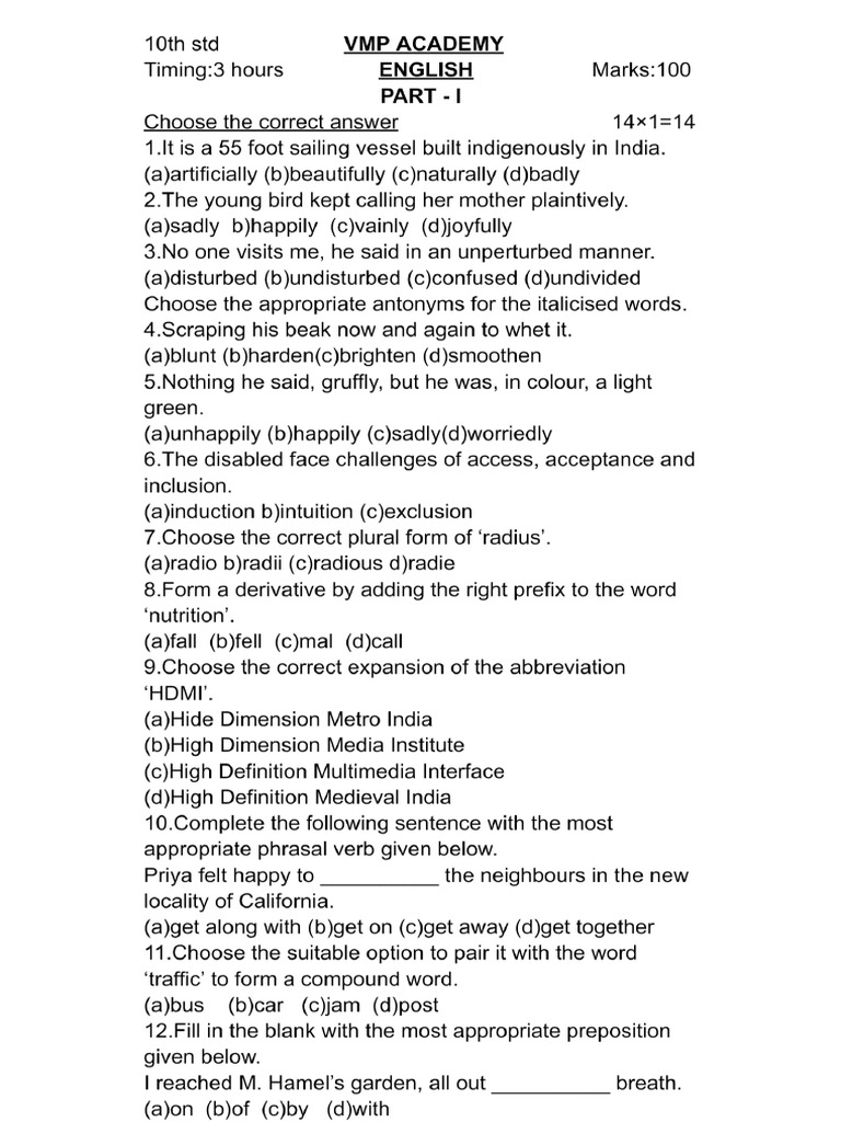 10th English Full Portion Test | PDF