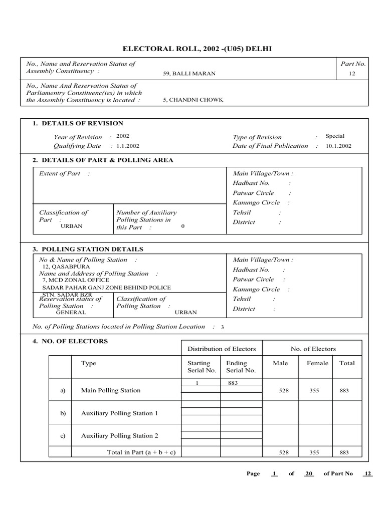 Electoral Roll, 2002 - (U05) Delhi: 1. Details of Revision | PDF ...