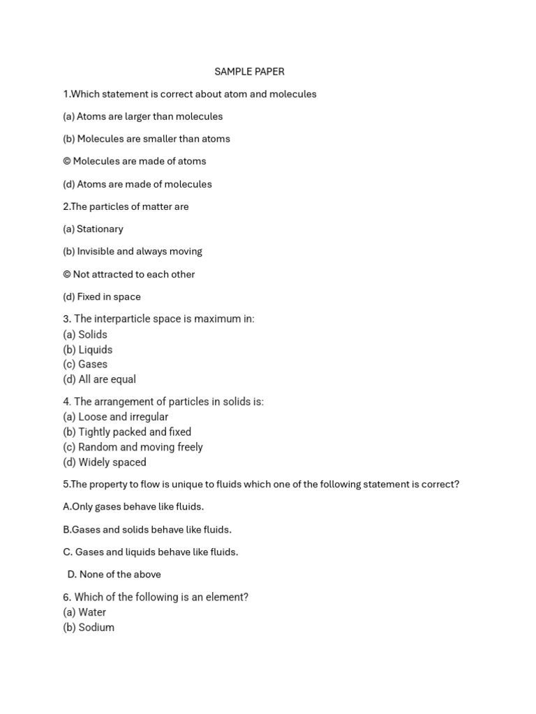Sample Paper _ Class 8 | PDF | Gases | Molecules