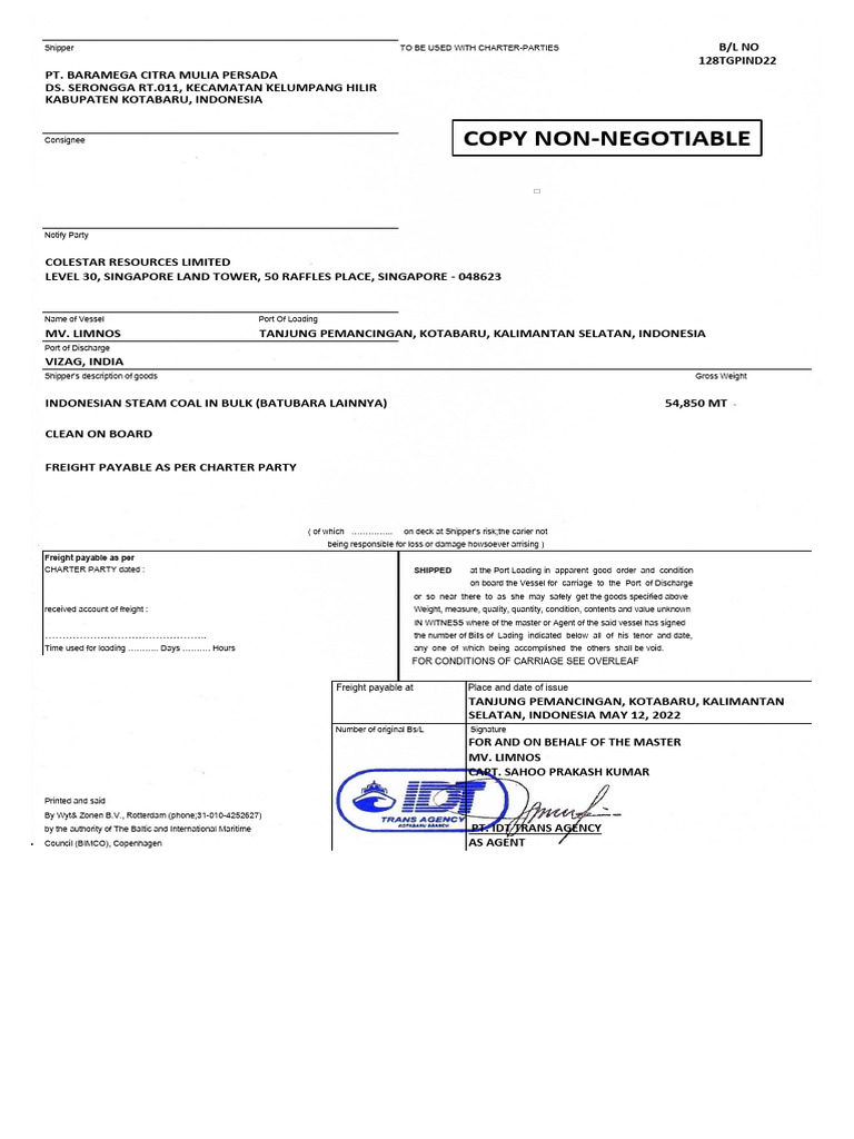 Copy BL Mv. Limnos - Customs | PDF | Cargo | Bill Of Lading