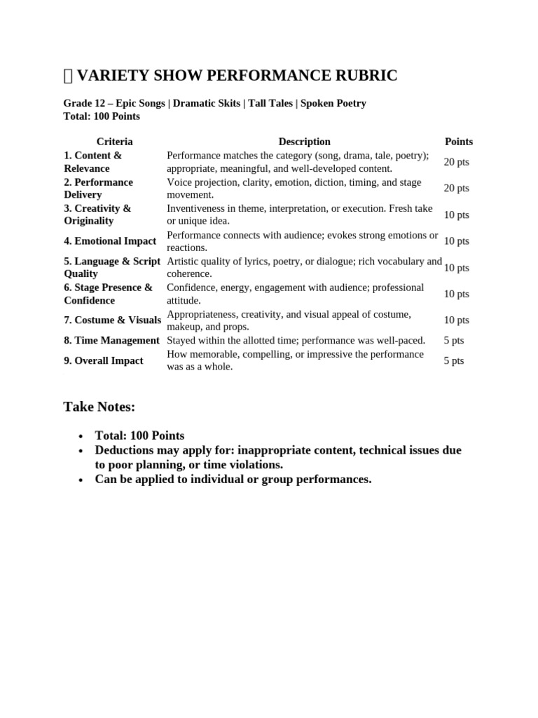 ? Variety Show Performance Rubric | PDF