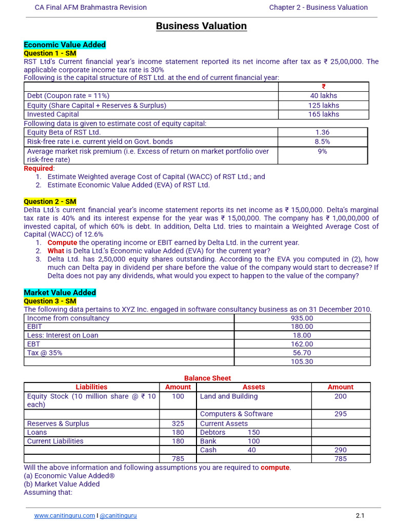 02 Business Valuation Brahmastra Revision Questions | PDF | Cost Of ...