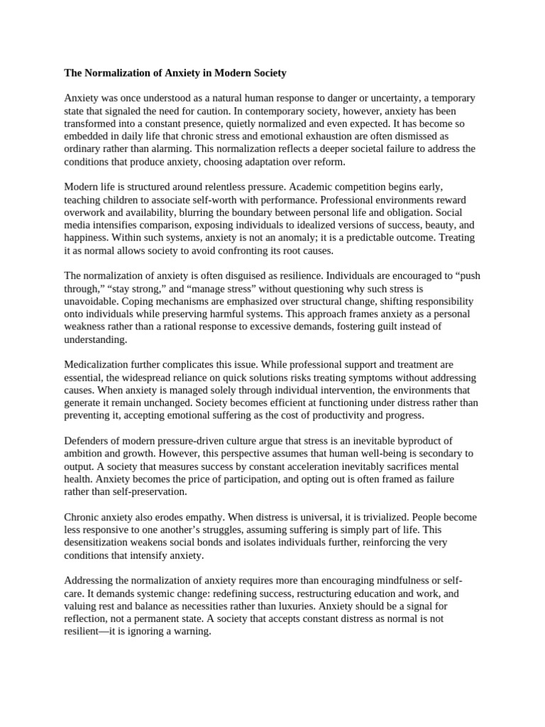 The Normalization of Anxiety in Modern Society | PDF | Anxiety | Stress ...