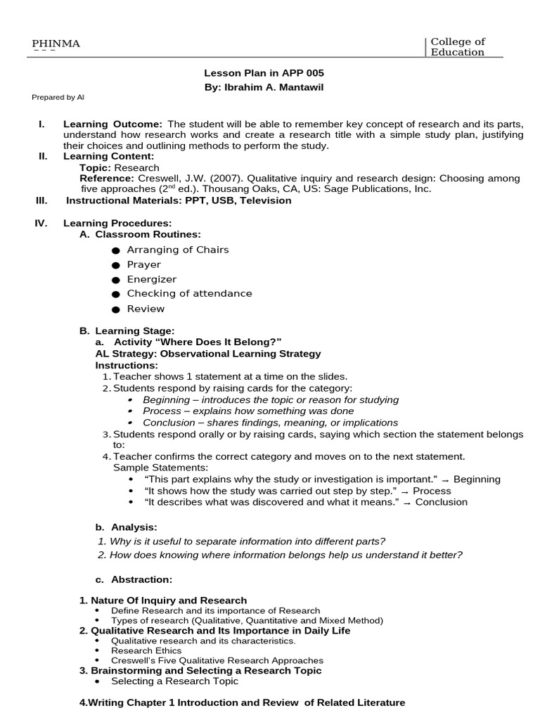 Lesson Plan in APP 005 Ibrahim | PDF | Qualitative Research | Methodology