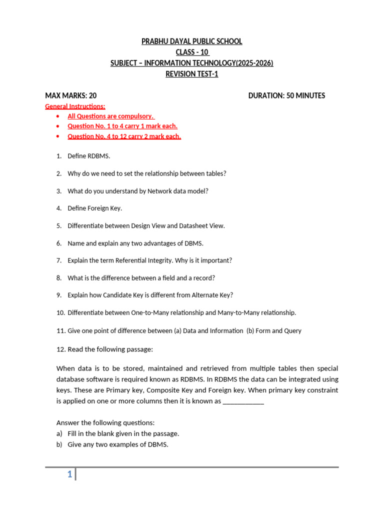 Class 10 Revision Test Paper 1 | PDF