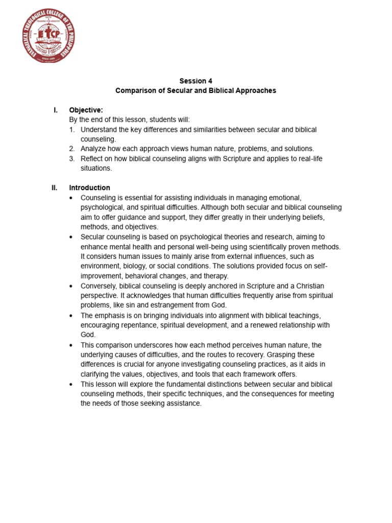 Session 4 Comparison of Secular and Biblical Approaches | PDF ...
