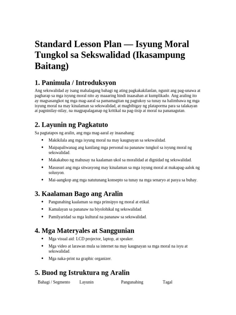 Lesson Planner-Paggalugad Sa Mga Moral Na Isyu Ng Sekswalidad Sa ...