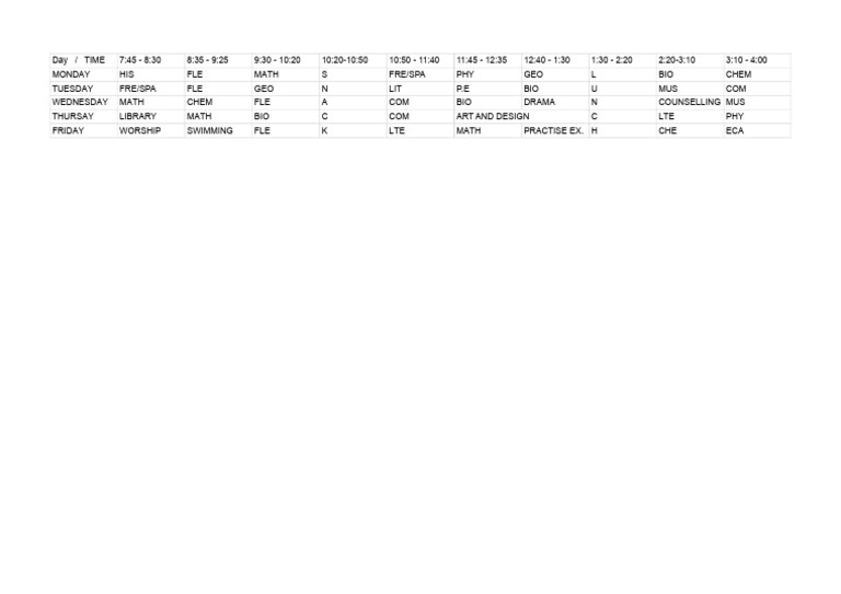 Time Table - Sheet1 | PDF