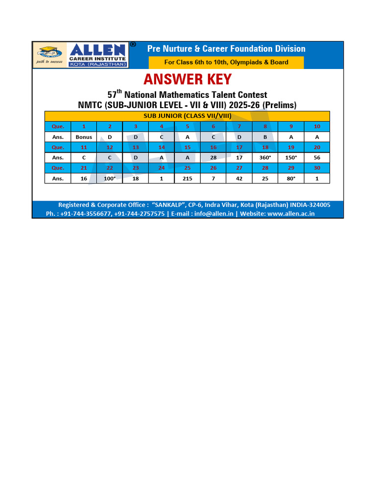 Nmtc Sub Junior Group 7 8 Answer Key | PDF