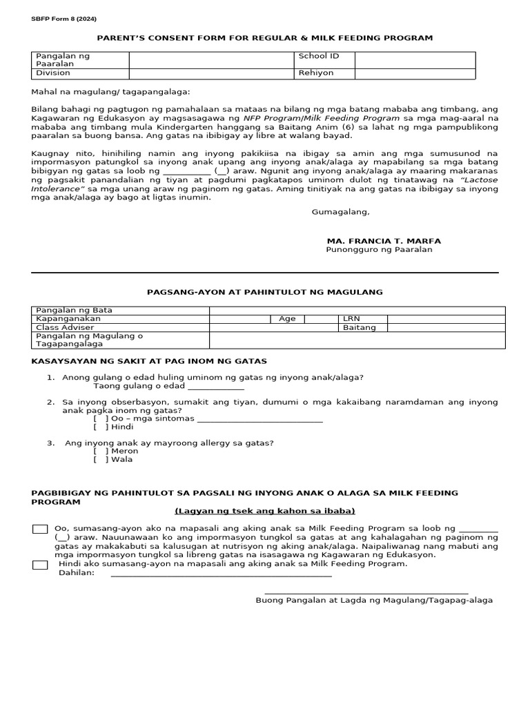 2024 SBFP Form 8 - Parent's Consent | PDF