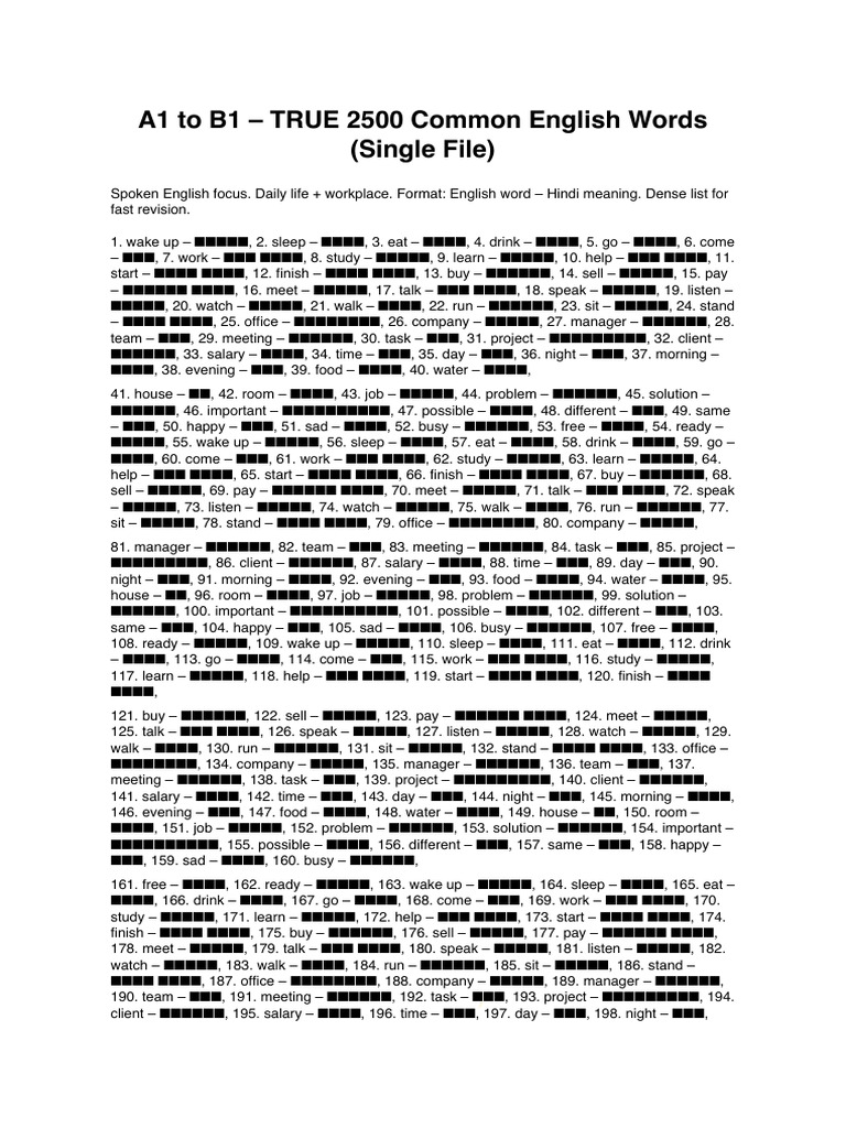 a1 to b1 True 2500 Common Words Single | PDF