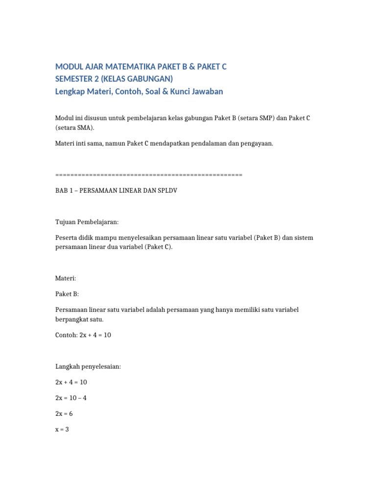 Modul Matematika Paket B Dan C Semester 2 Lengkap | PDF