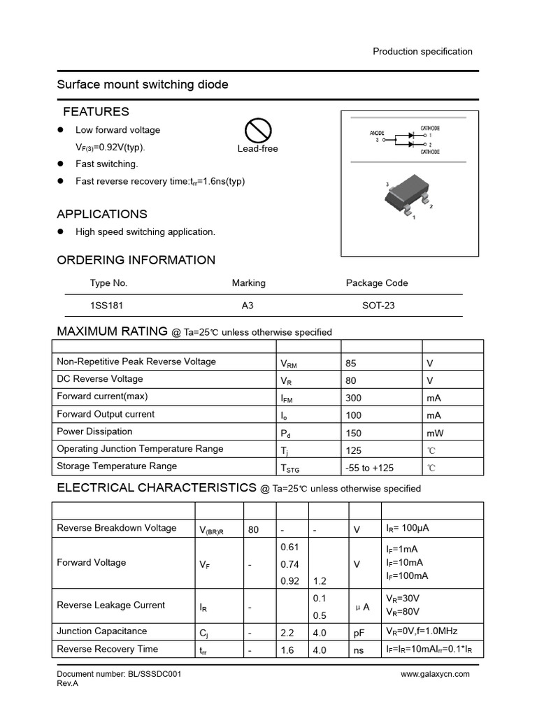 1SS181 Surface Mount Switching Diode Datasheet | PDF | Diode ...