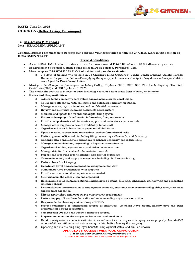 Job Offer Letter For HR - Admin | PDF | Employment | Human Resources