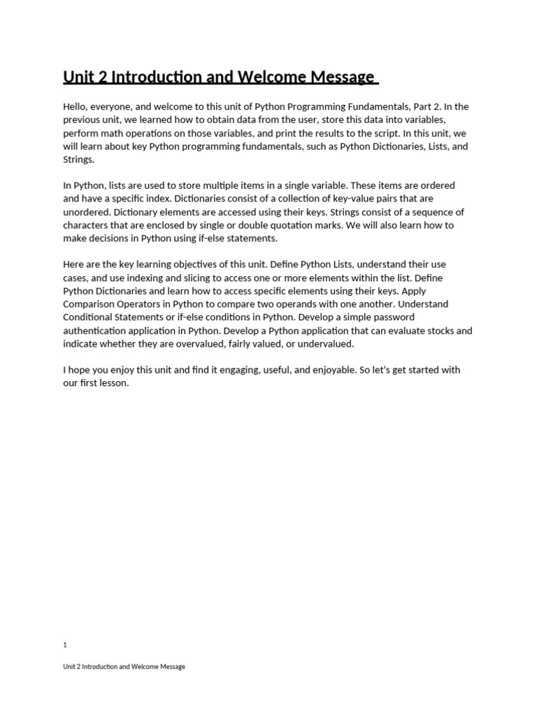 Unit 2 Introduction and Welcome Message | PDF