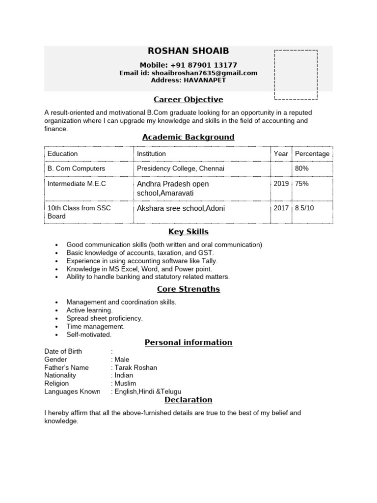 B Com Fresher Resume Format | PDF
