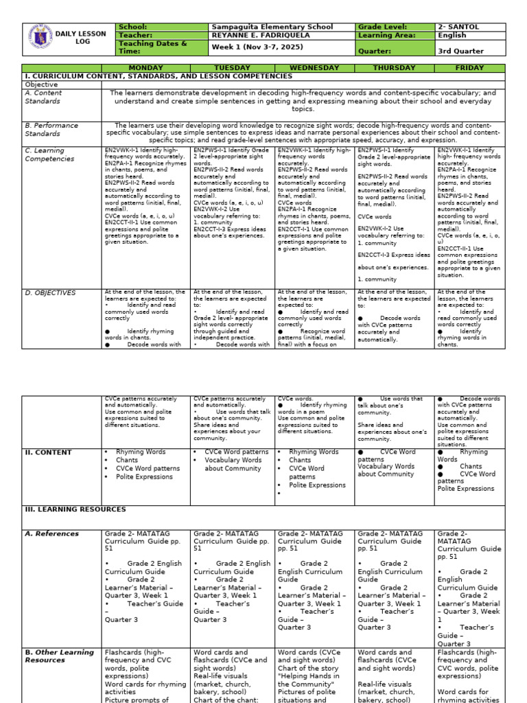 English 2 q3 Week 1 DLL Final | PDF | Vocabulary | Curriculum