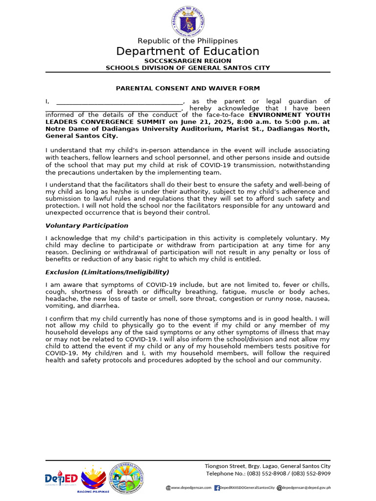 Parental Consent and Waiver Form Environment Summit | PDF | Diseases ...