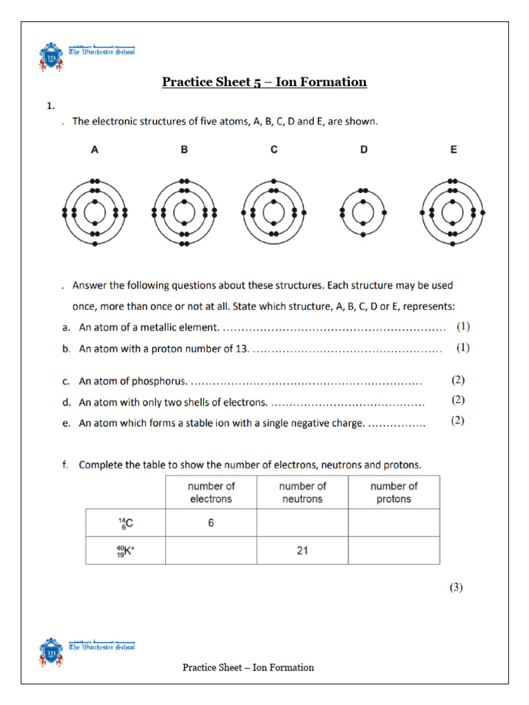 Practice Sheet 5 - Ion Formation | PDF