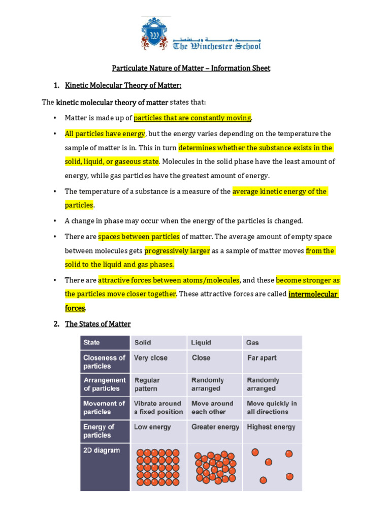 The Particulate Nature of Matter - Information Sheet | PDF | Gases ...
