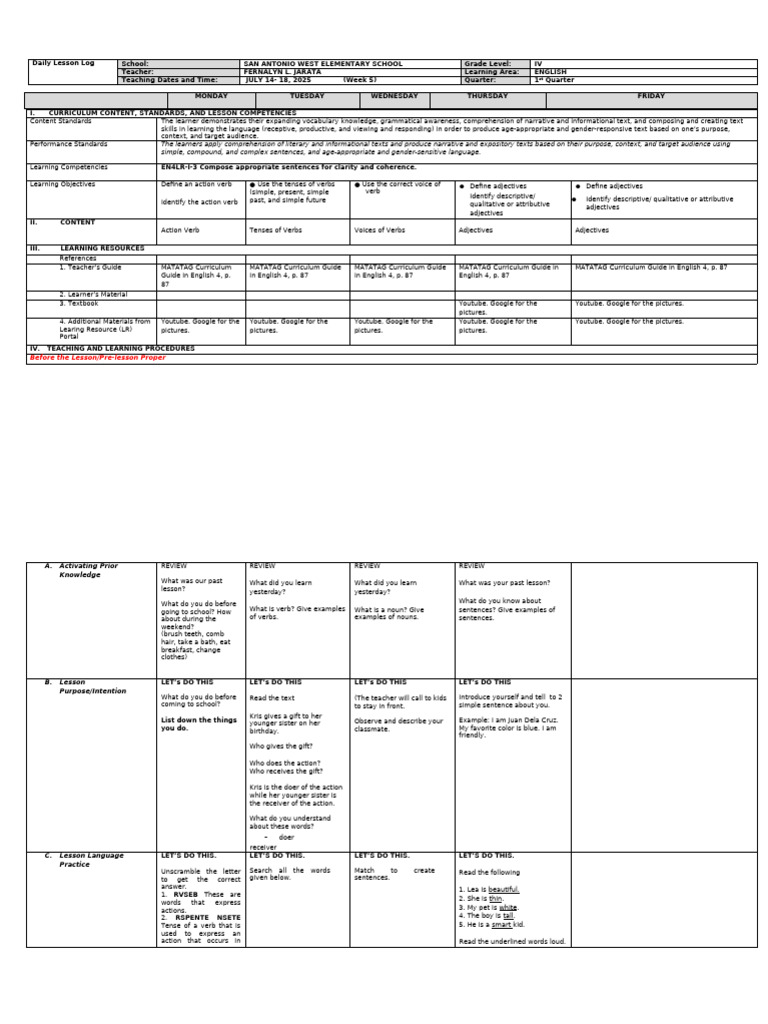 Matatag DLL Week 5 English G4 | PDF | Verb | Grammatical Tense