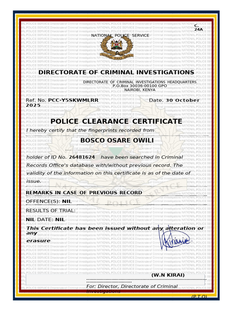 Pcc-y5skwmlrp-Police Clearance Certificate WK | PDF