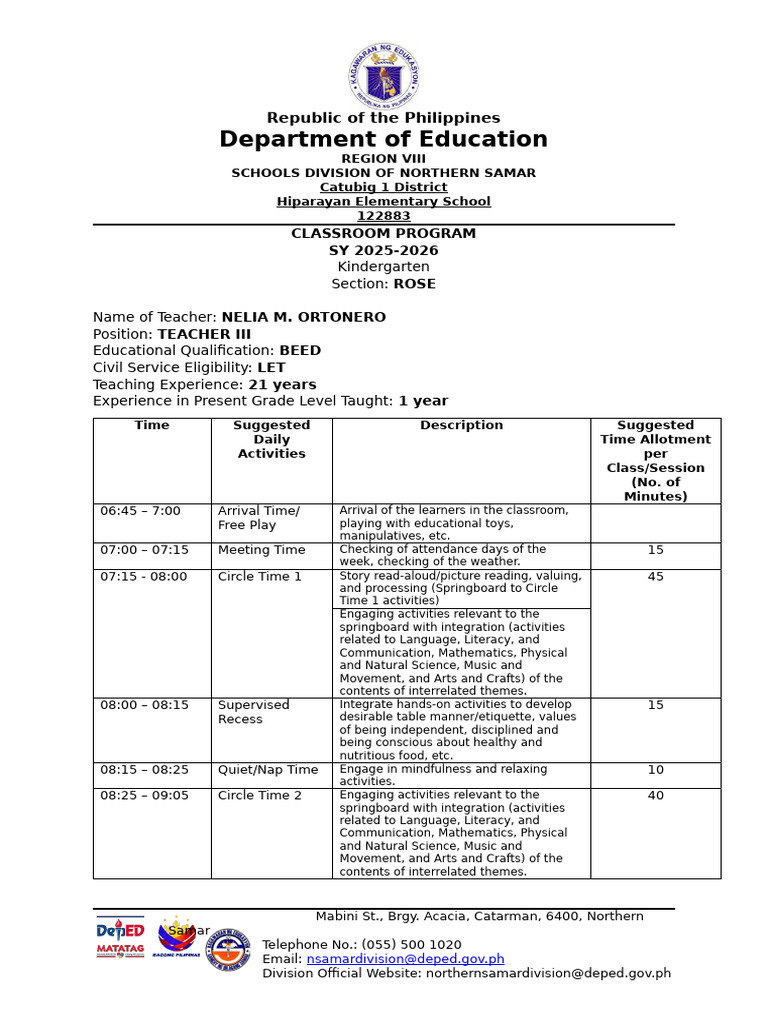 Sample Classroom Program For Kindergarten | PDF | Teachers | Behavior ...