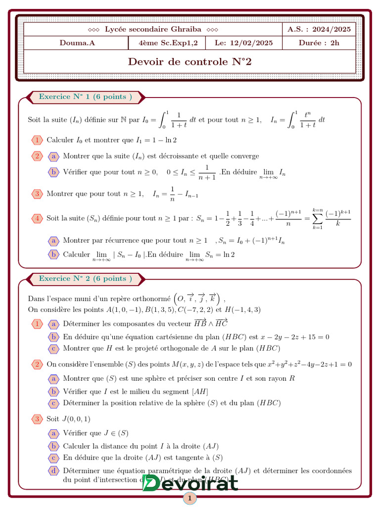 Devoir de Contrôle N°2 - Math - Bac Sciences Exp (2024-2025) MR Douma ...