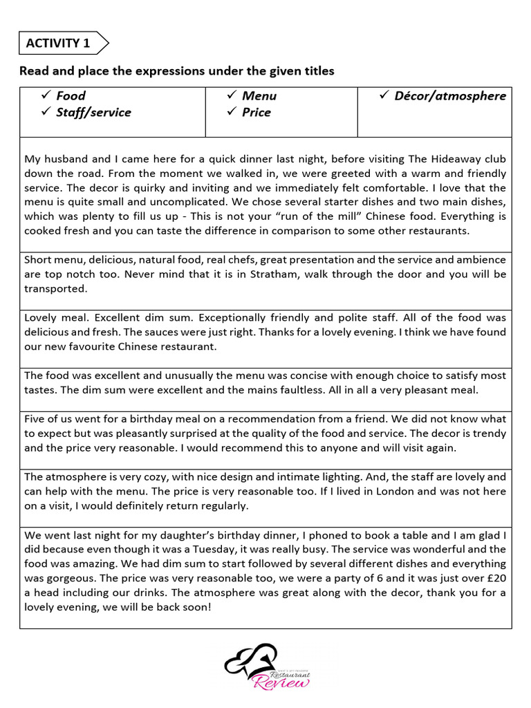 Place Review Task Sheet | PDF