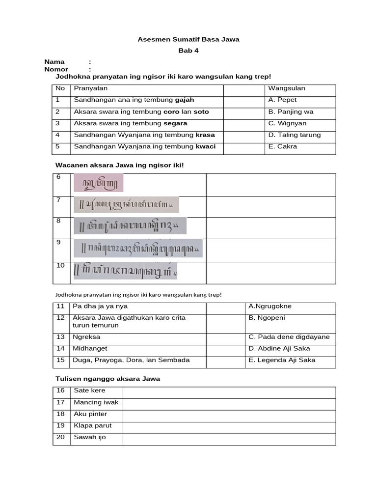 Asesmen Sumatif Basa Jawa Aksara Jawa | PDF