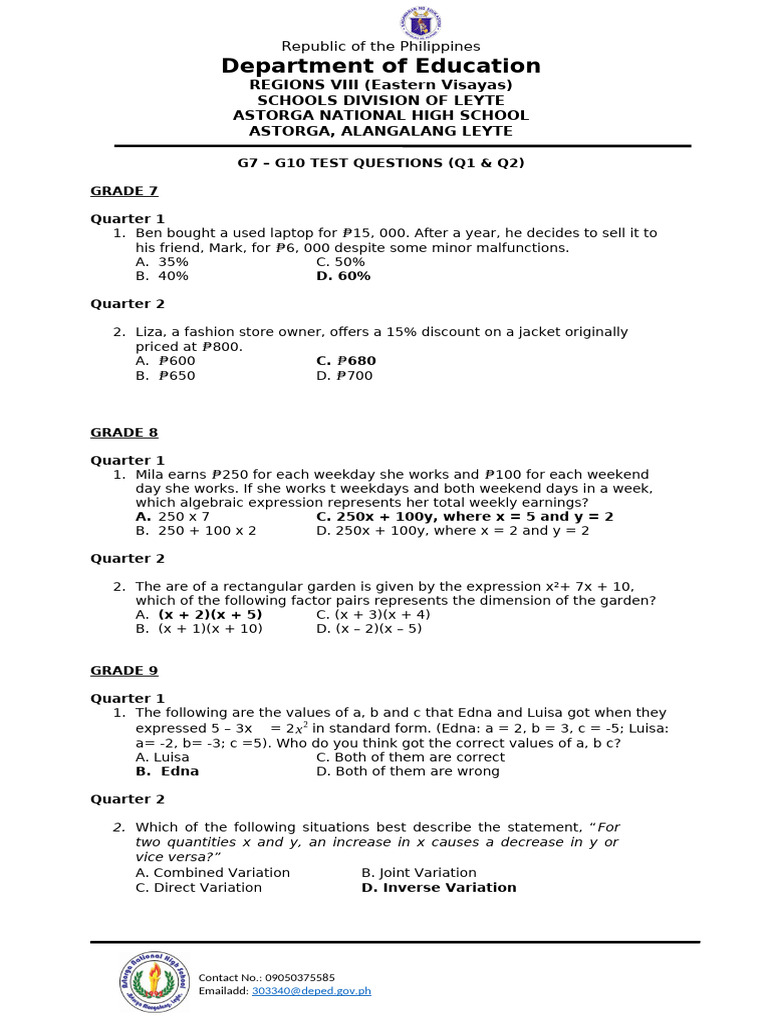 Math q1 q2 g7-g11 Tq | PDF | Ratio | Algebra