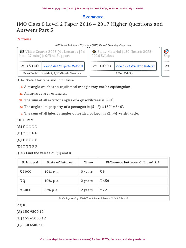 IMO Class 8 Level 2 Paper 2016 17 Part 5 | PDF | Rectangle | Euclidean ...