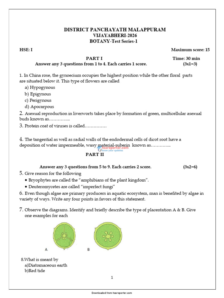 +1 Botany Test1(hssreporter•com) | PDF | Plants | Branches Of Botany