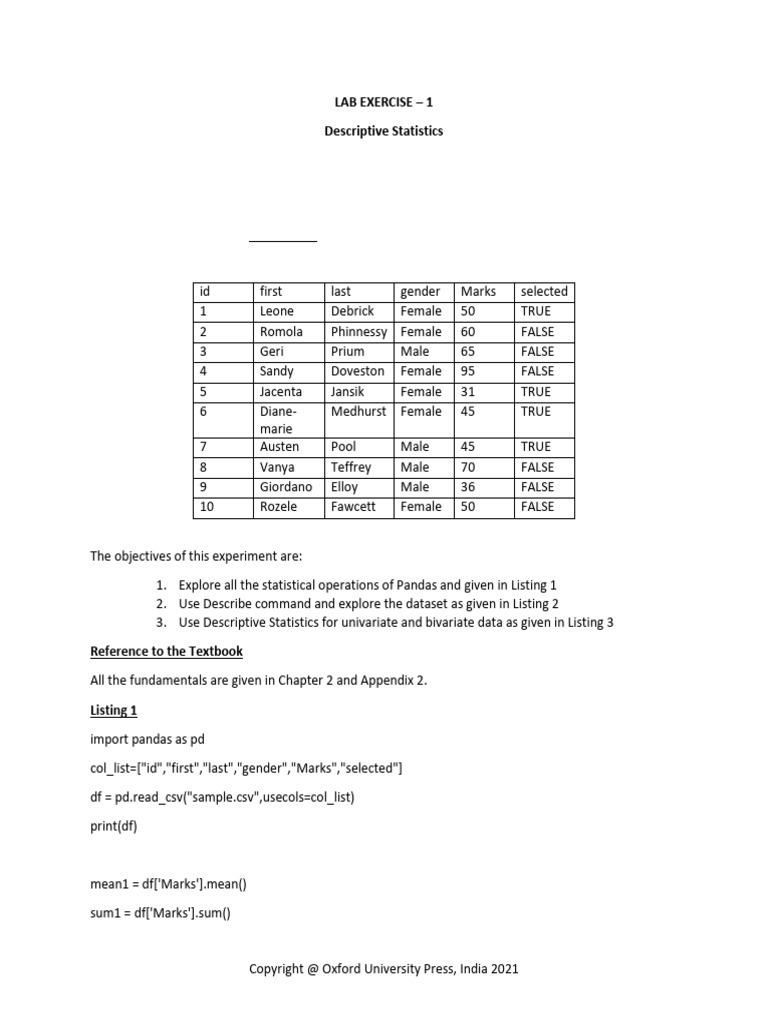 Lab Exercise 1 - Simple Stats | PDF | Sampling (Statistics ...