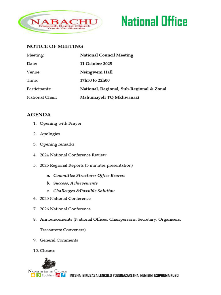 NABACHU National Council Meeting Agenda October 2025 | PDF