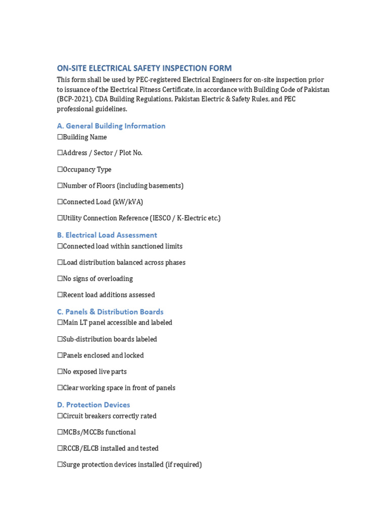 Onsite Electrical Safety Inspection Form CDA | PDF