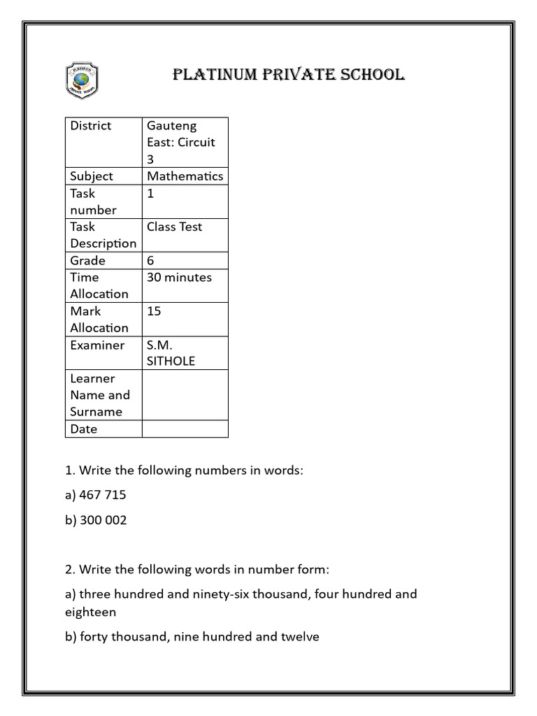 Grade 6 Class Test | PDF