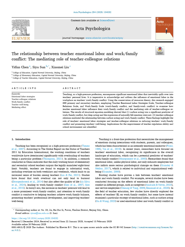JUNI - The relationship between teacher emotional labor and work family ...