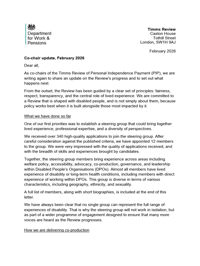 Timms Review Co-Chair Update February 2026 | PDF | Disability | Social ...
