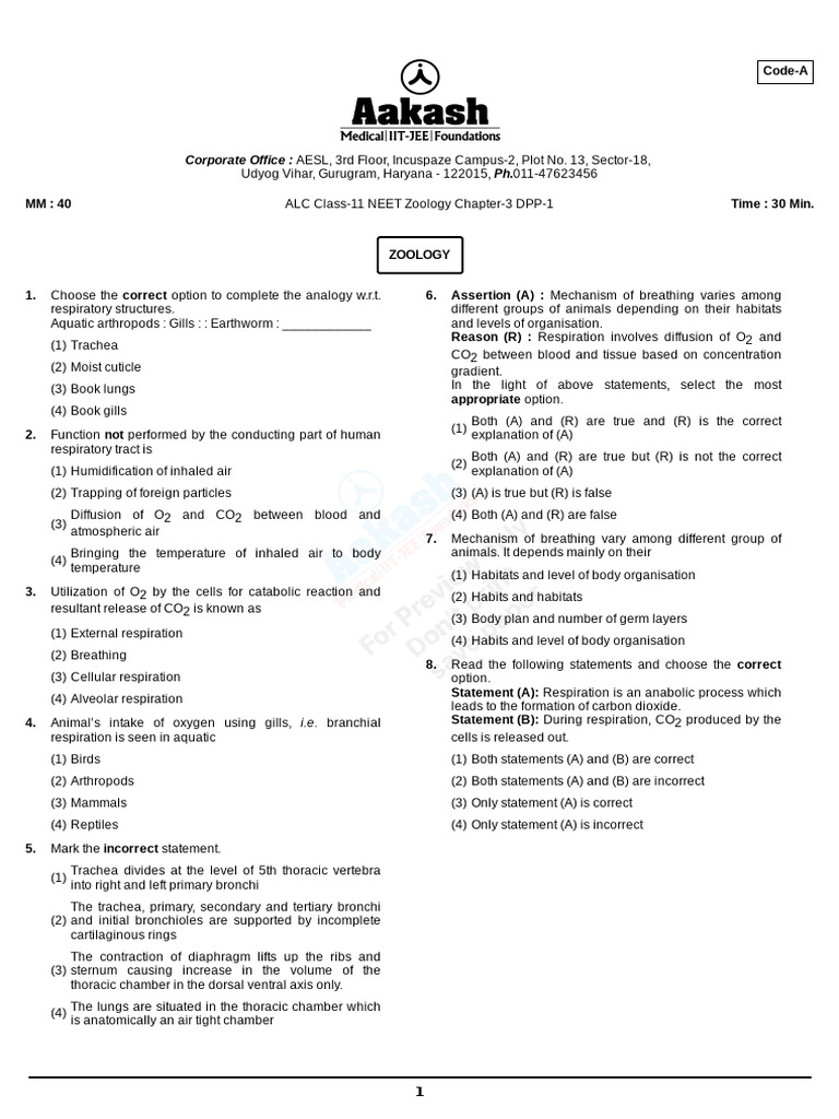 ALC Class-XI Zoology Chapter-3 DPP | PDF | Respiratory System | Exhalation