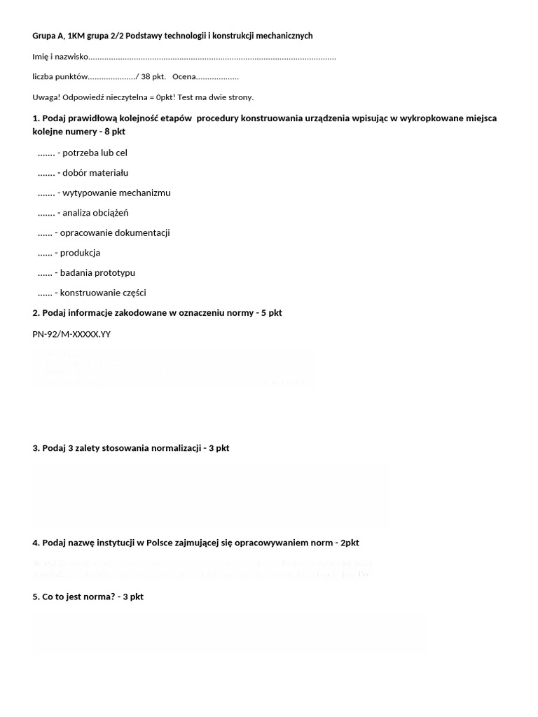 Sprawdzian Normalizacja I Rysunek Techniczny | PDF