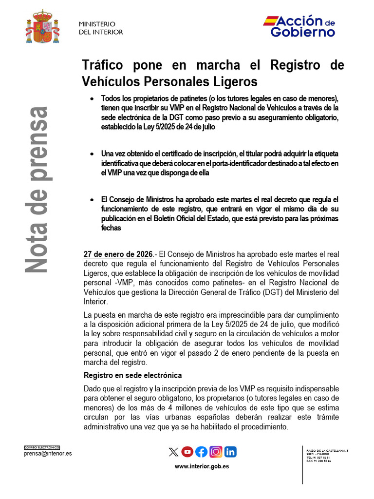 260127-Mir DGT Pone Marcha Registro Patinetes | PDF