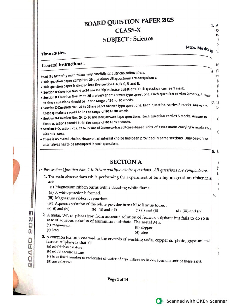 Science Sample Paper Class 10 | PDF