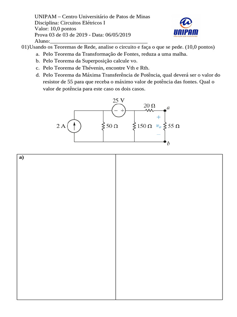Prova 03 de 03 de Circuitos I Ano 2019 | PDF