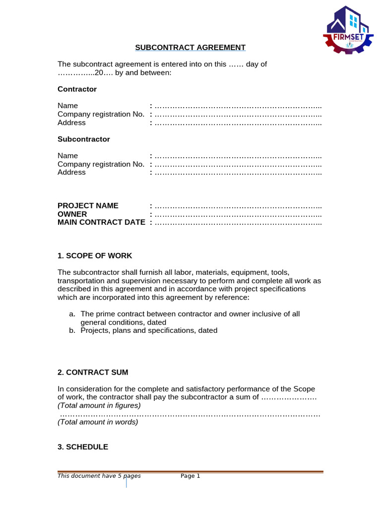Firmset - Subcontract Agreement - Updated | PDF | Indemnity | Subcontractor