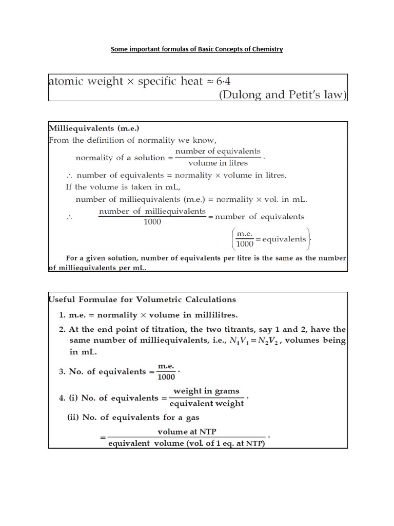 Some Important Formulas of Basic Concepts of Chemistry | PDF