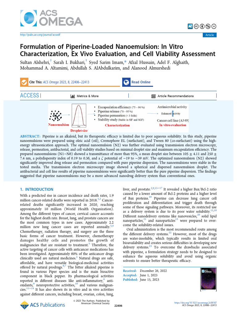 Formulation of Piperine Loaded Nanoemulsion in Vitro Characterization ...