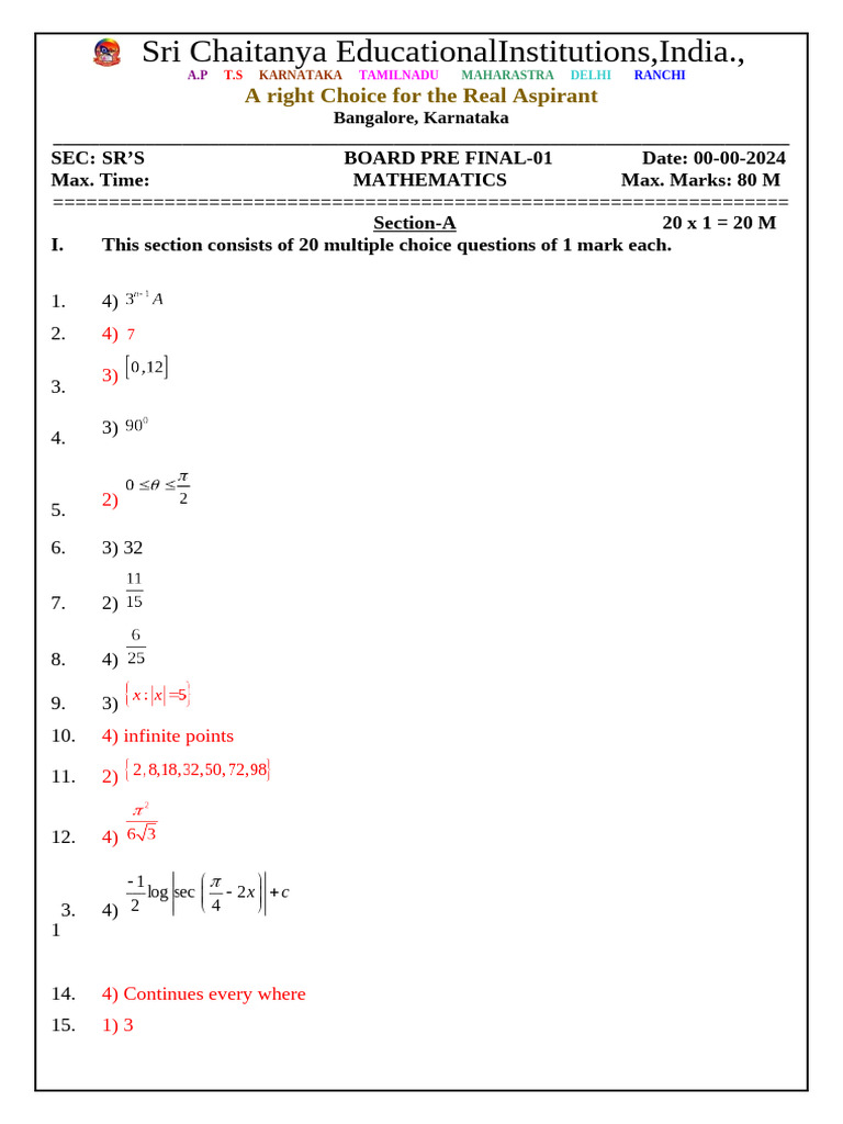 2025-26 Sr's Board PRE FINAL1 (SET-1) Maths Solutions | PDF