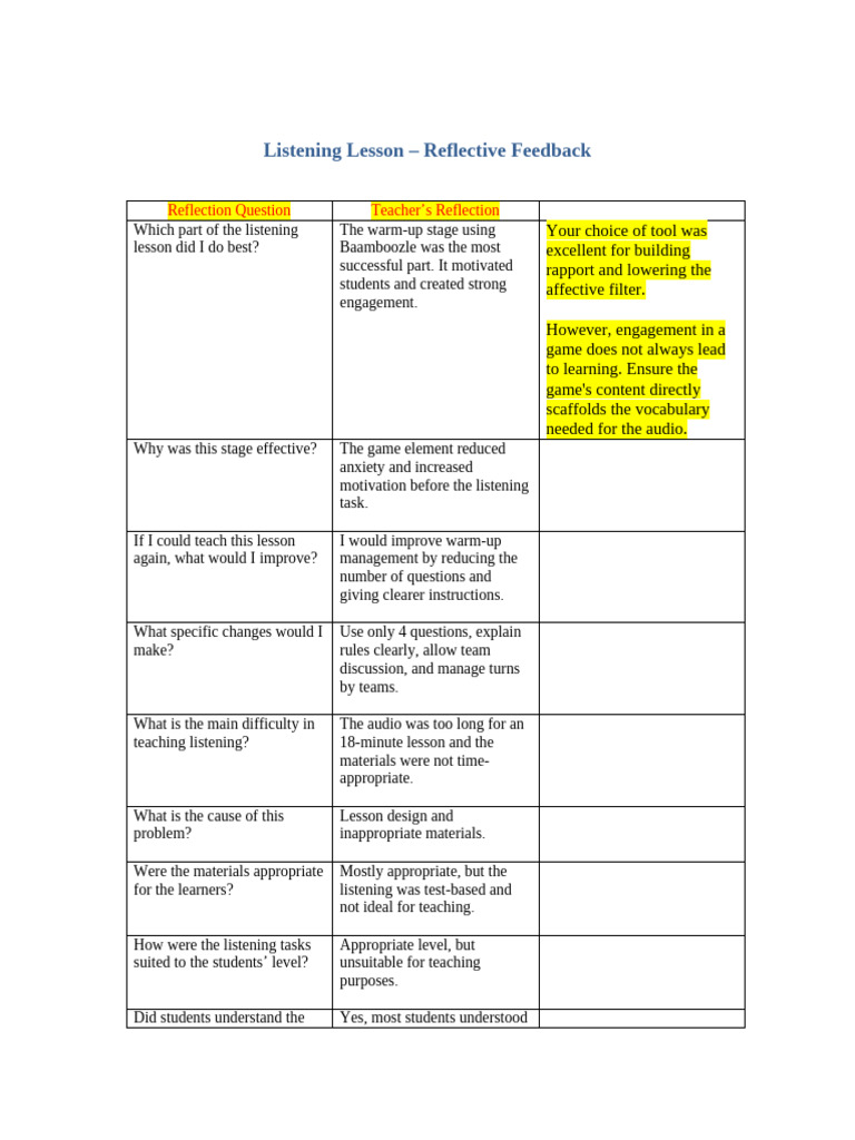 (Feedback) Mr. Nam - Listening - Reflective - Feedback | PDF | Pedagogy ...